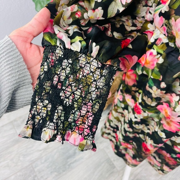 JayGodFrey Black Sheer Floral Smocked Sleeve Smocked Chiffon Style Dress - Picture 8 of 8